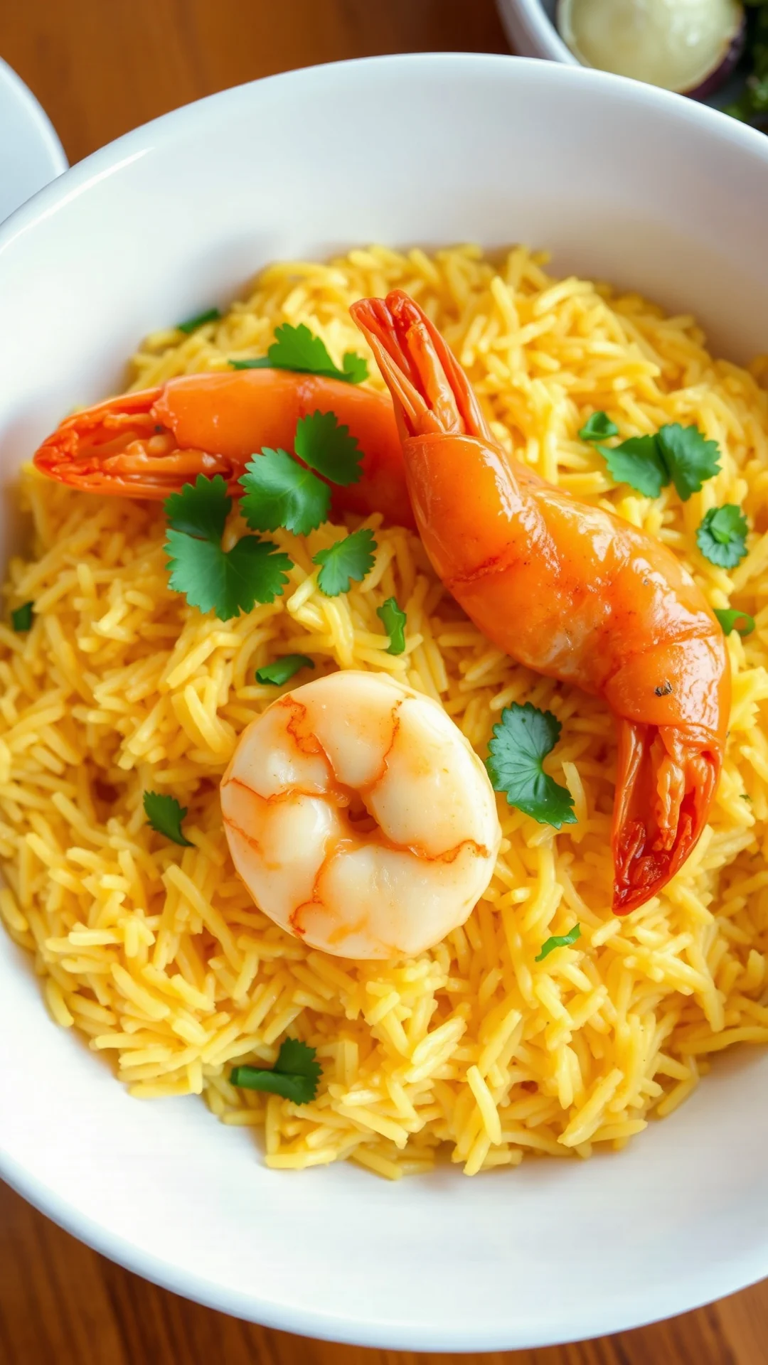 Vietnamese saffron shrimp rice in white bowl, golden safran colored rice, cooked prawns, fresh herbs, overhead angle, warm ba