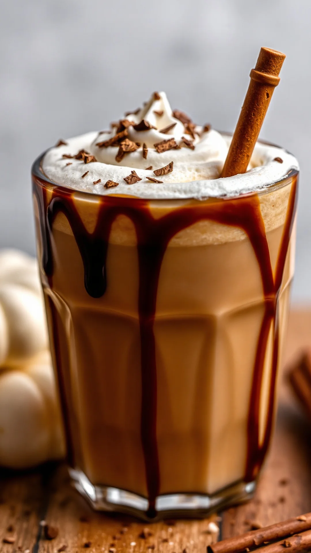 White chocolate pumpkin spice latte with chocolate shavings, cream foam, luxury beverage, coffee drink, close-up photography,