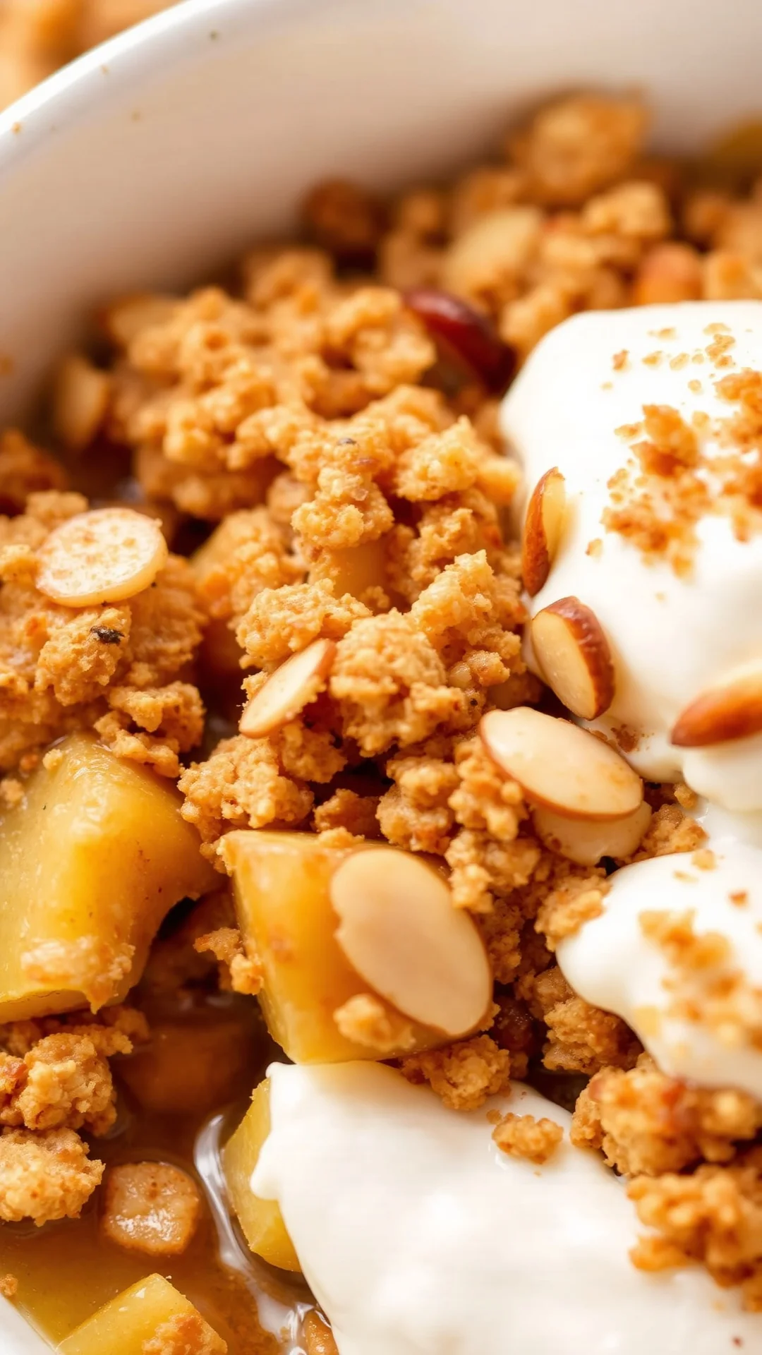 Apple crumble with cinnamon streusel and sliced almonds, served warm with cream, close-up dessert photo, golden brown topping
