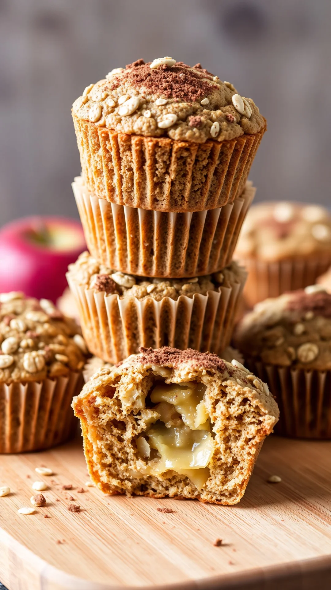 Apple oat muffins stacked together, cinnamon sprinkled on top, cross-section showing moist texture, wooden cutting board, aut