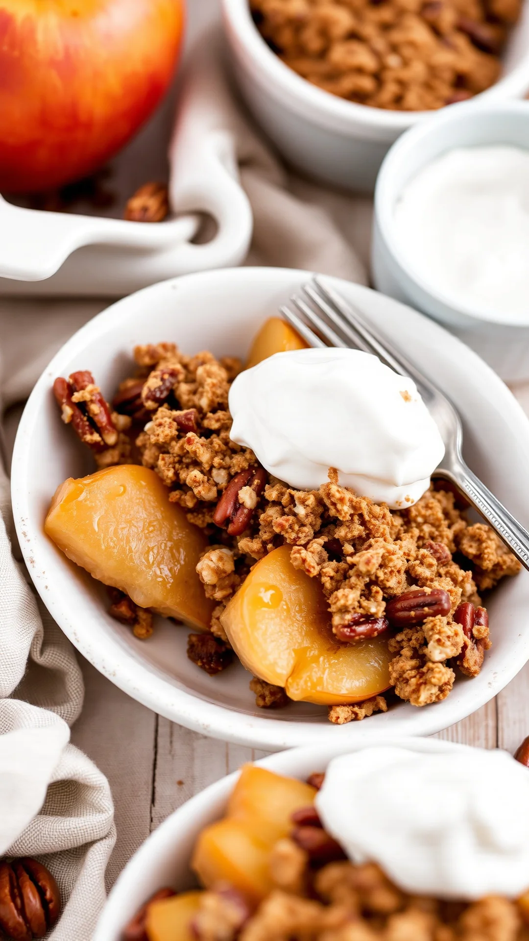 Apple pecan crumble with golden crispy topping, cinnamon spiced apples, rustic dessert, served with cream, autumn baking