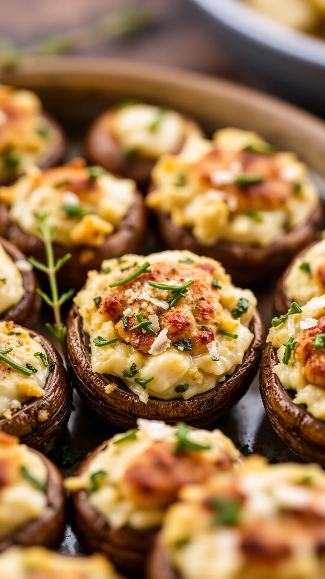 Artistic close-up of herb-stuffed button mushrooms with ricotta and parmesan, fresh thyme garnish, professional food styling