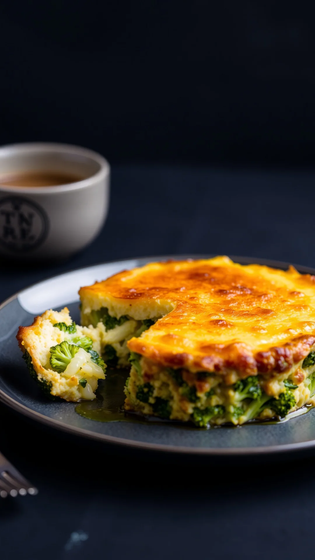 Baked broccoli and emmental flan, creamy savory custard, golden top cheese crust, elegant vegetable terrine, French cuisine f