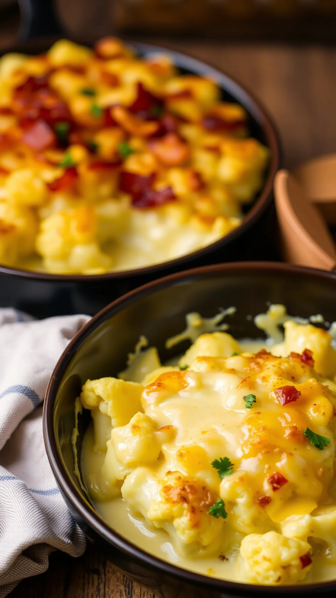 Baked cauliflower gratin with crispy bacon, melted emmental cheese, creamy béchamel sauce, comfort food, autumn dinner, prof