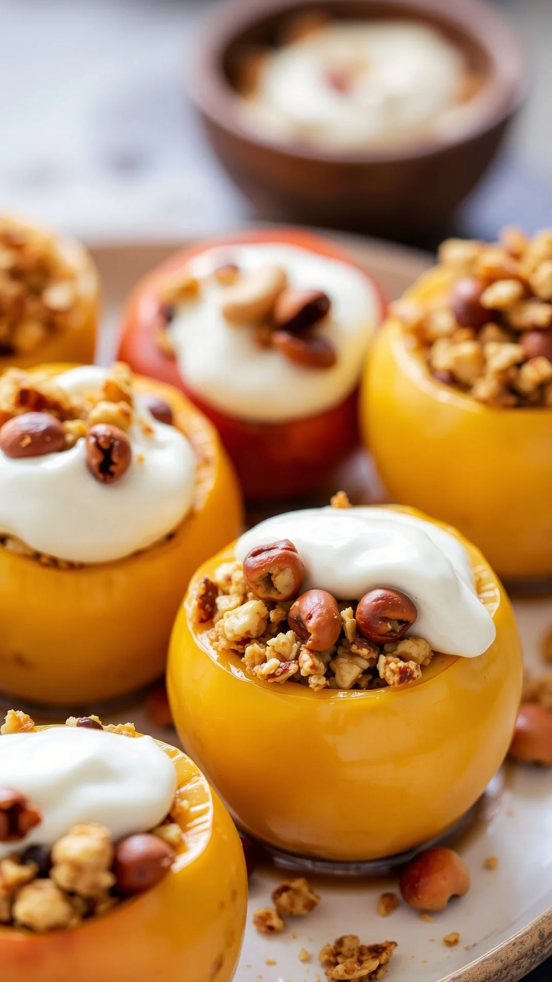 Baked cinnamon apples stuffed with granola and hazelnuts, served with creamy greek yogurt, warm autumn dessert close-up