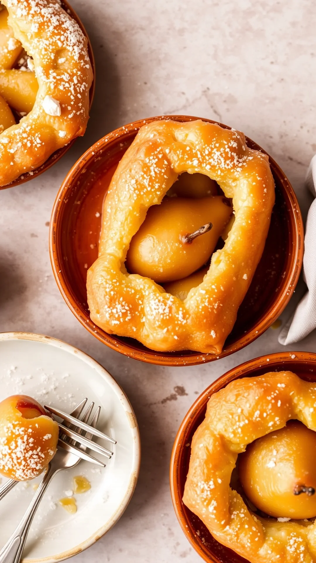 Baked pear almond clafoutis dessert with golden puffy batter, poached pears inside, warm plates, dusted with powdered sugar,
