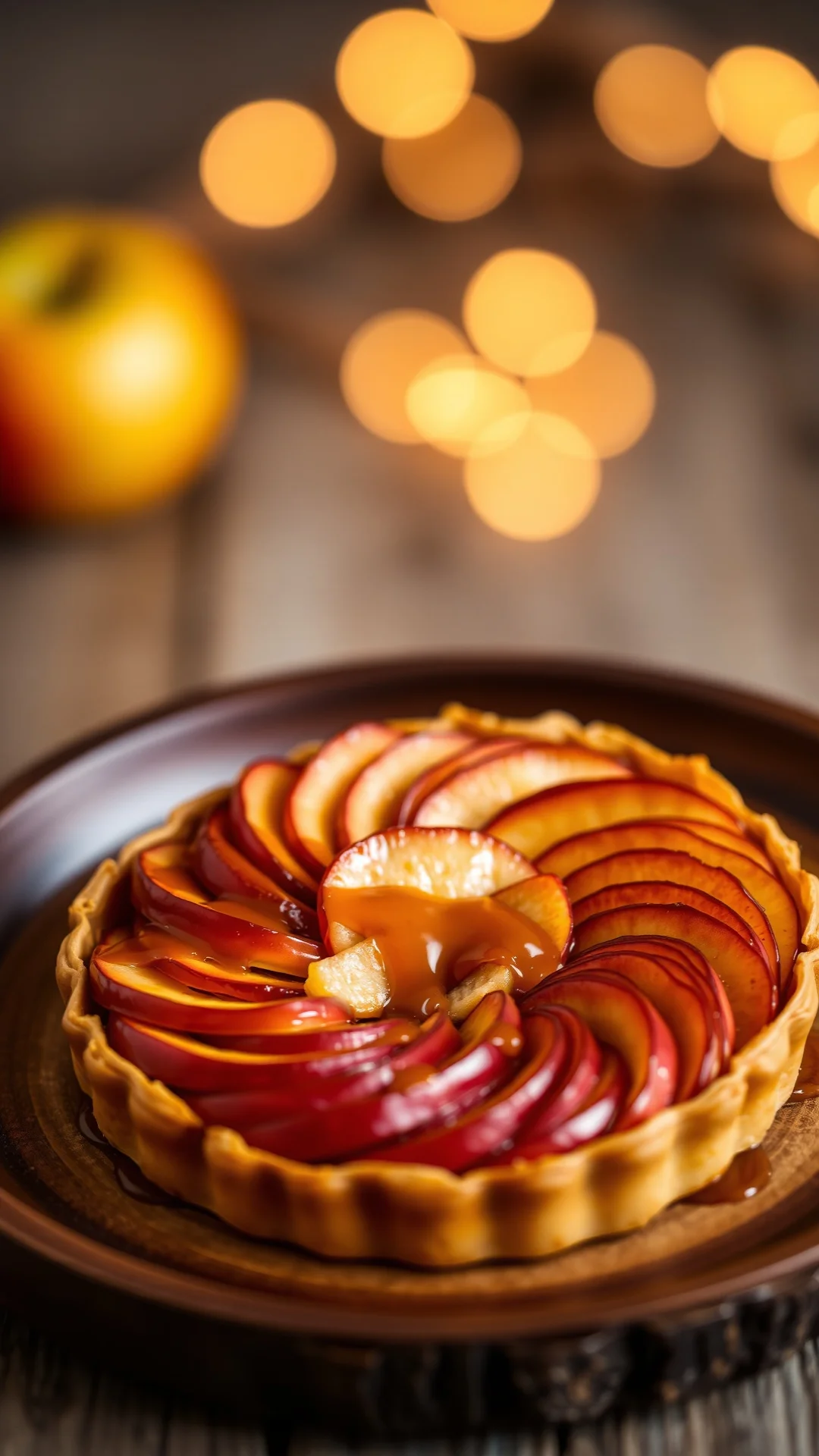 Beautiful apple tart tartelette with caramel sauce dripping, apple slices rosette pattern, rustic wooden plate, bokeh backgro