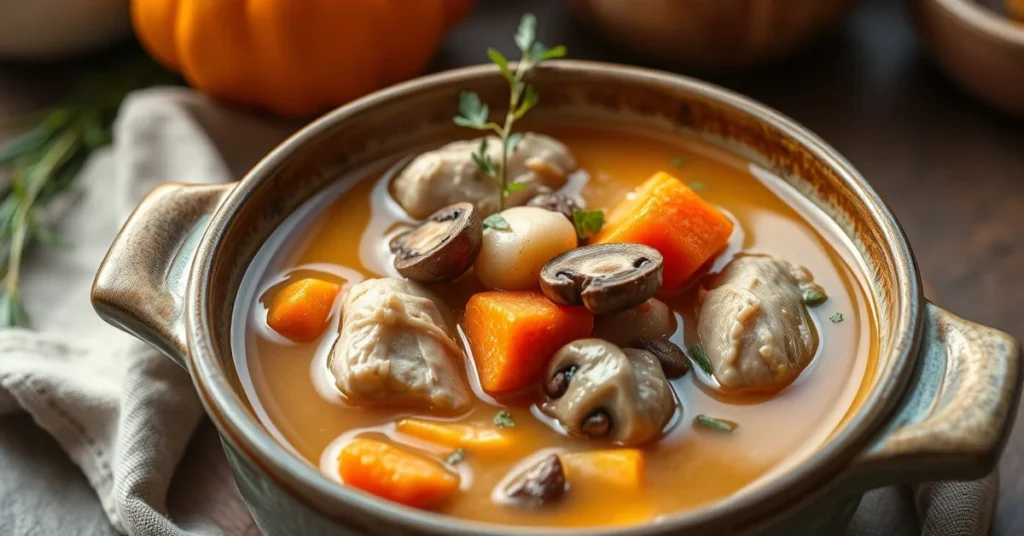 Beautiful autumn chicken stew in a rustic ceramic bowl, golden broth with tender chicken pieces, mushrooms, carrots, fresh he