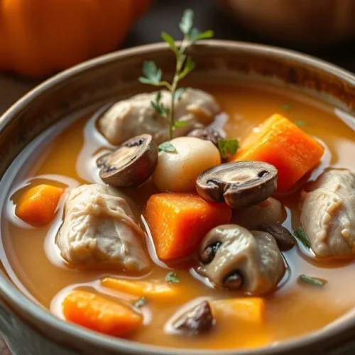 Beautiful autumn chicken stew in a rustic ceramic bowl, golden broth with tender chicken pieces, mushrooms, carrots, fresh he
