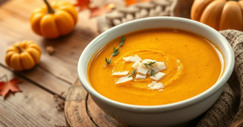 Beautiful autumn pumpkin soup in white ceramic bowl, garnished with parmesan cheese and fresh thyme, warm golden lighting, ru