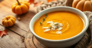 Beautiful autumn pumpkin soup in white ceramic bowl, garnished with parmesan cheese and fresh thyme, warm golden lighting, ru