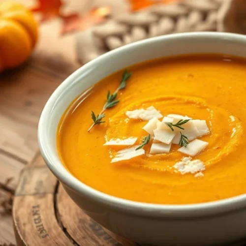 Beautiful autumn pumpkin soup in white ceramic bowl, garnished with parmesan cheese and fresh thyme, warm golden lighting, ru