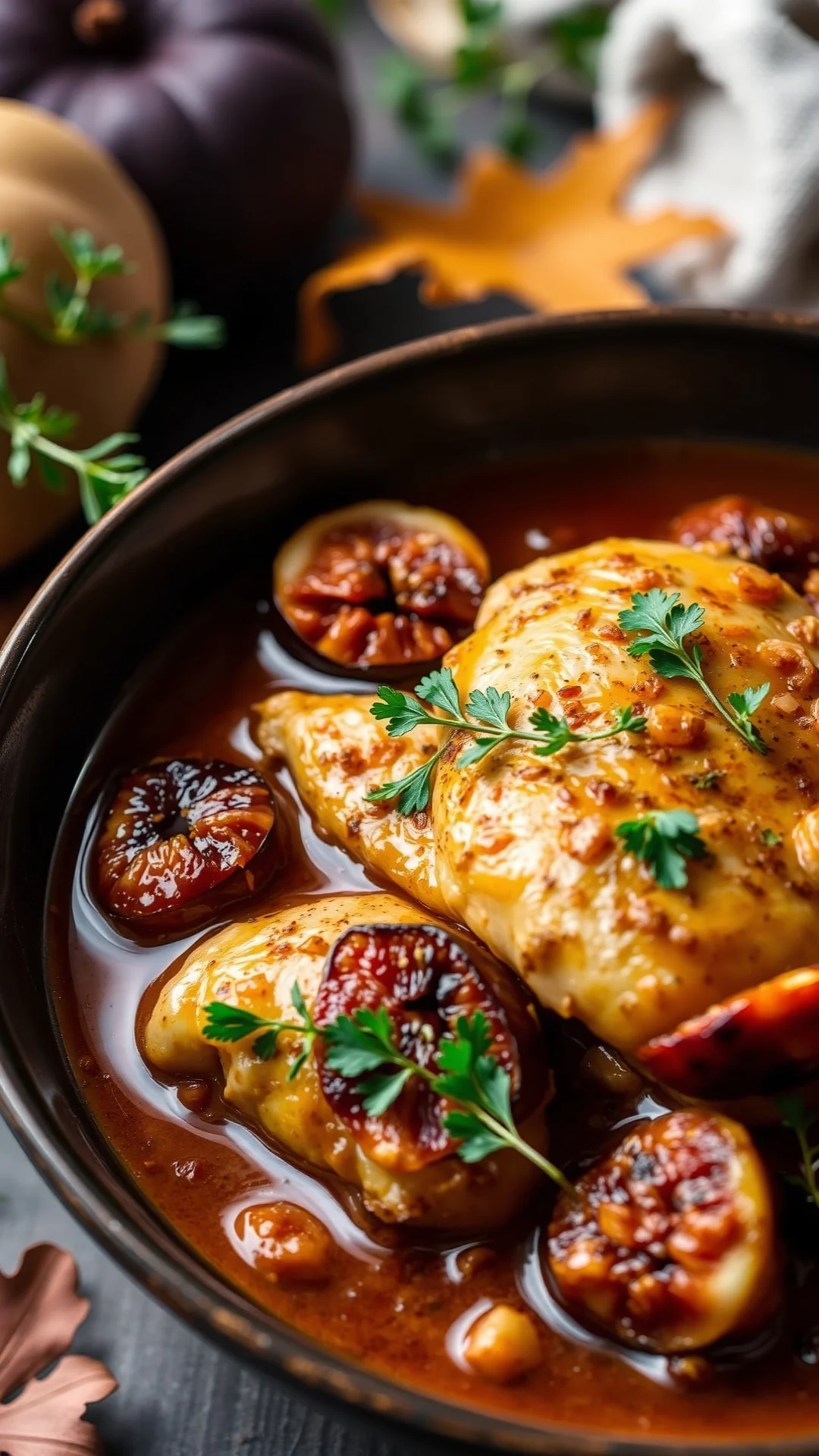 Beautiful bowl of fragrant chicken stew with dried figs, red onions, spices, warm wine reduction, Mediterranean styling, cozy
