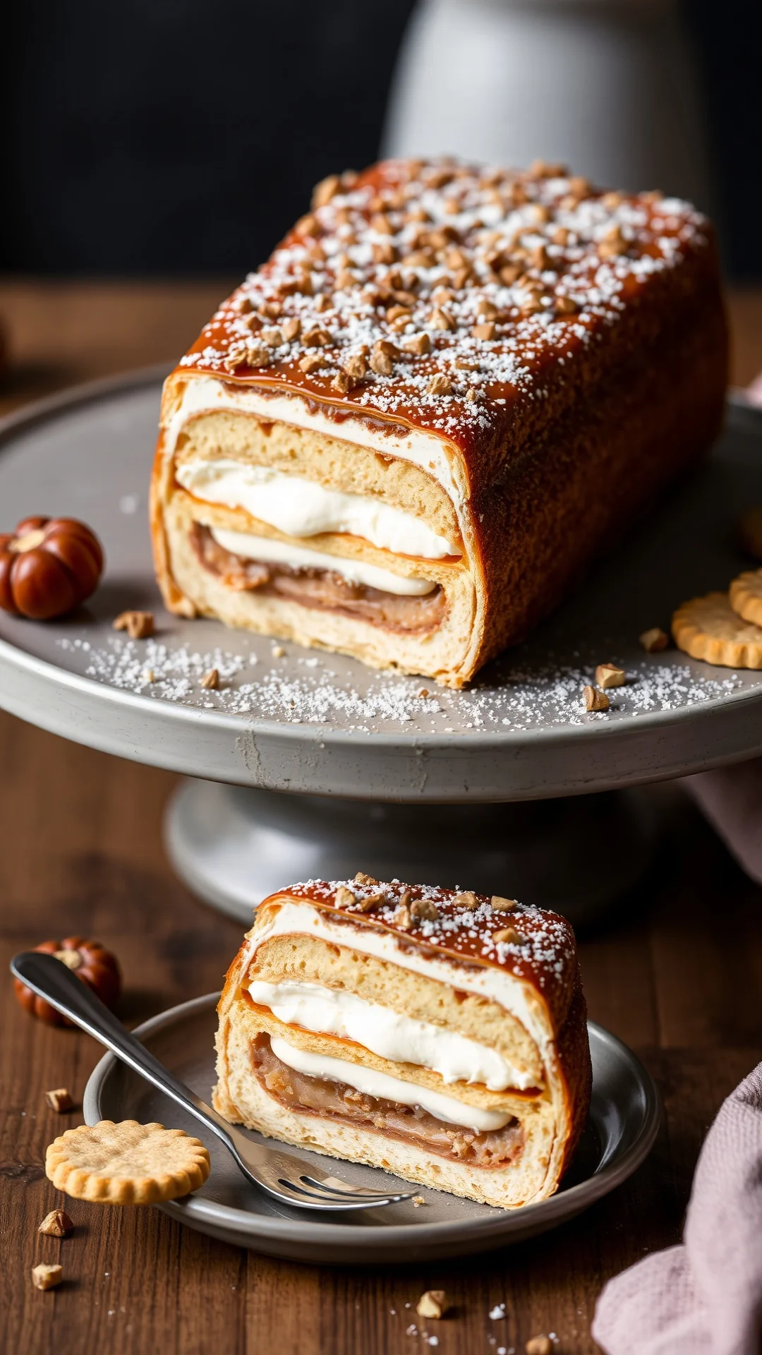 Beautiful sliced chestnut vanilla pavé dessert showing cream layers and ladyfinger biscuits, elegant presentation, fine dini