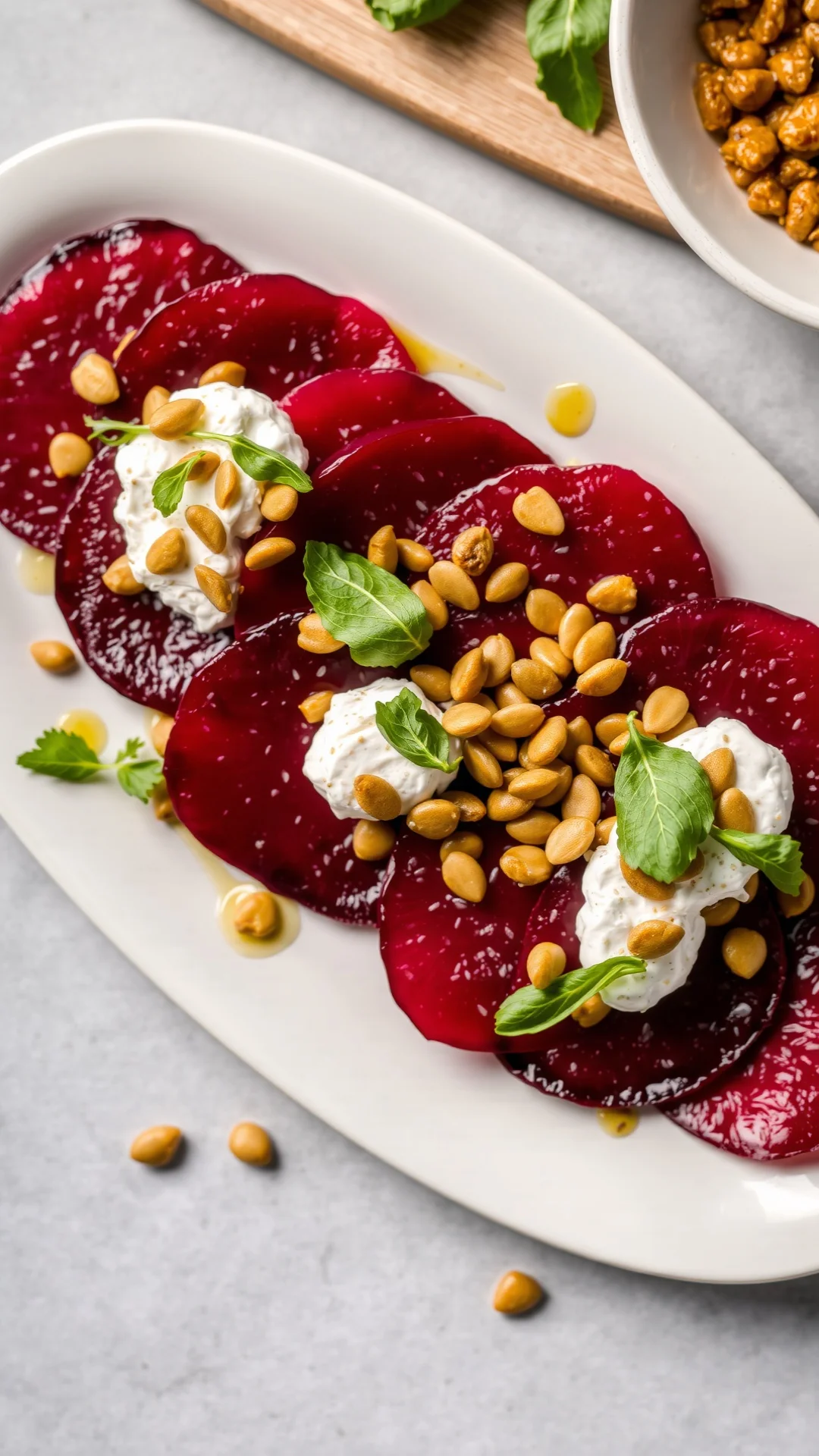Beet carpaccio with creamy goat cheese and pumpkin seeds, overhead flat lay, vibrant colors, restaurant style