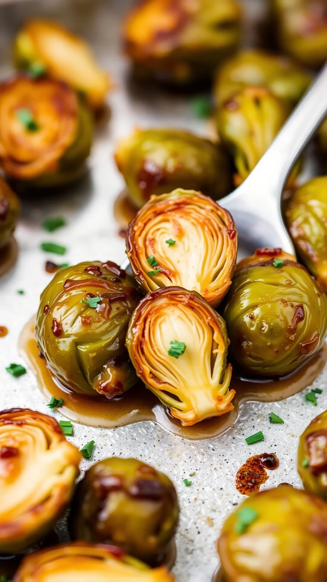 Caramelized Brussels sprouts with maple glaze, crispy golden edges, fresh from oven, garnished with herbs, 9:16 portrait food