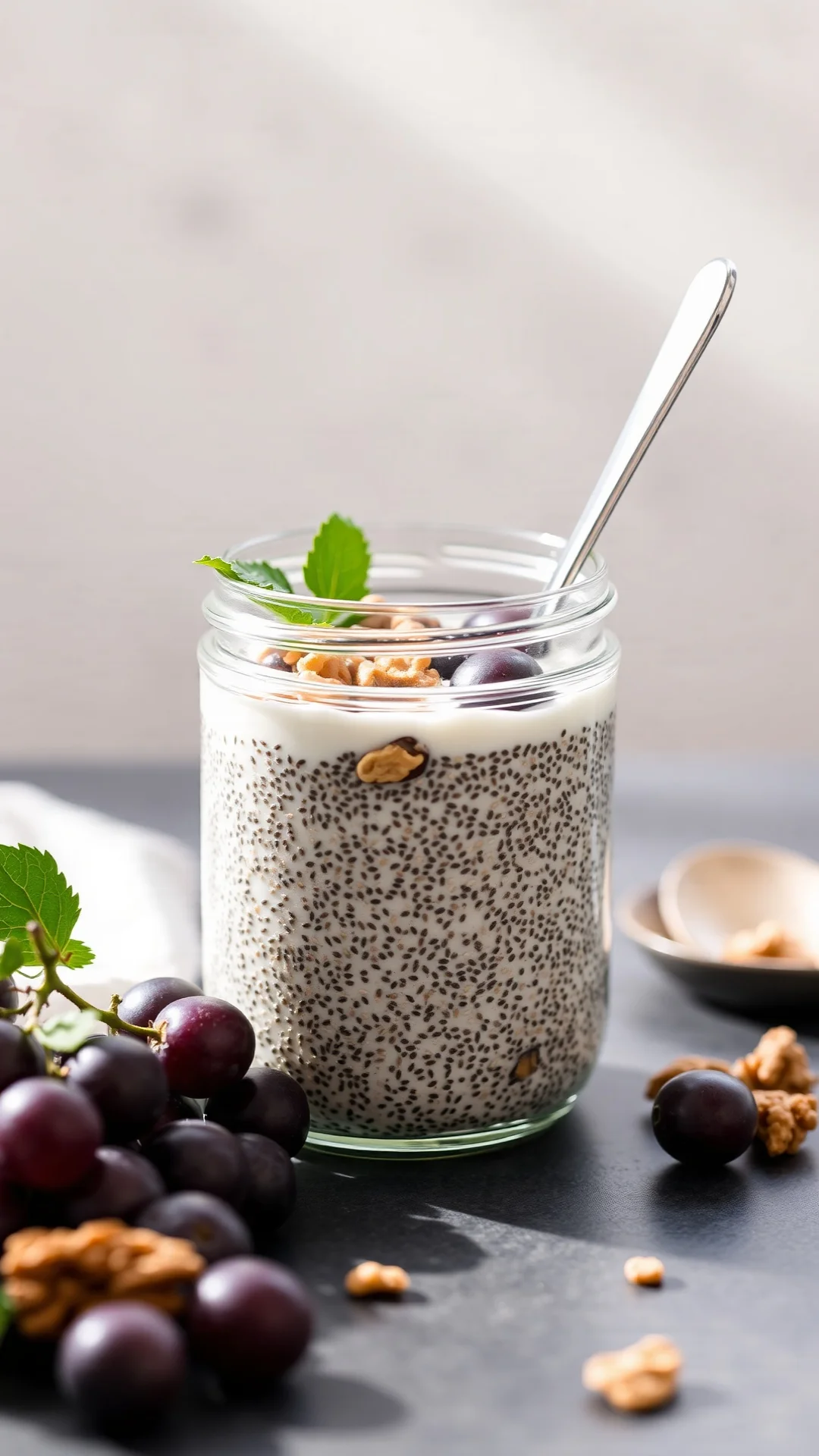 Chia seed pudding in glass jar with fresh grapes, walnuts, vanilla almond milk, layered presentation, bright morning light, 9