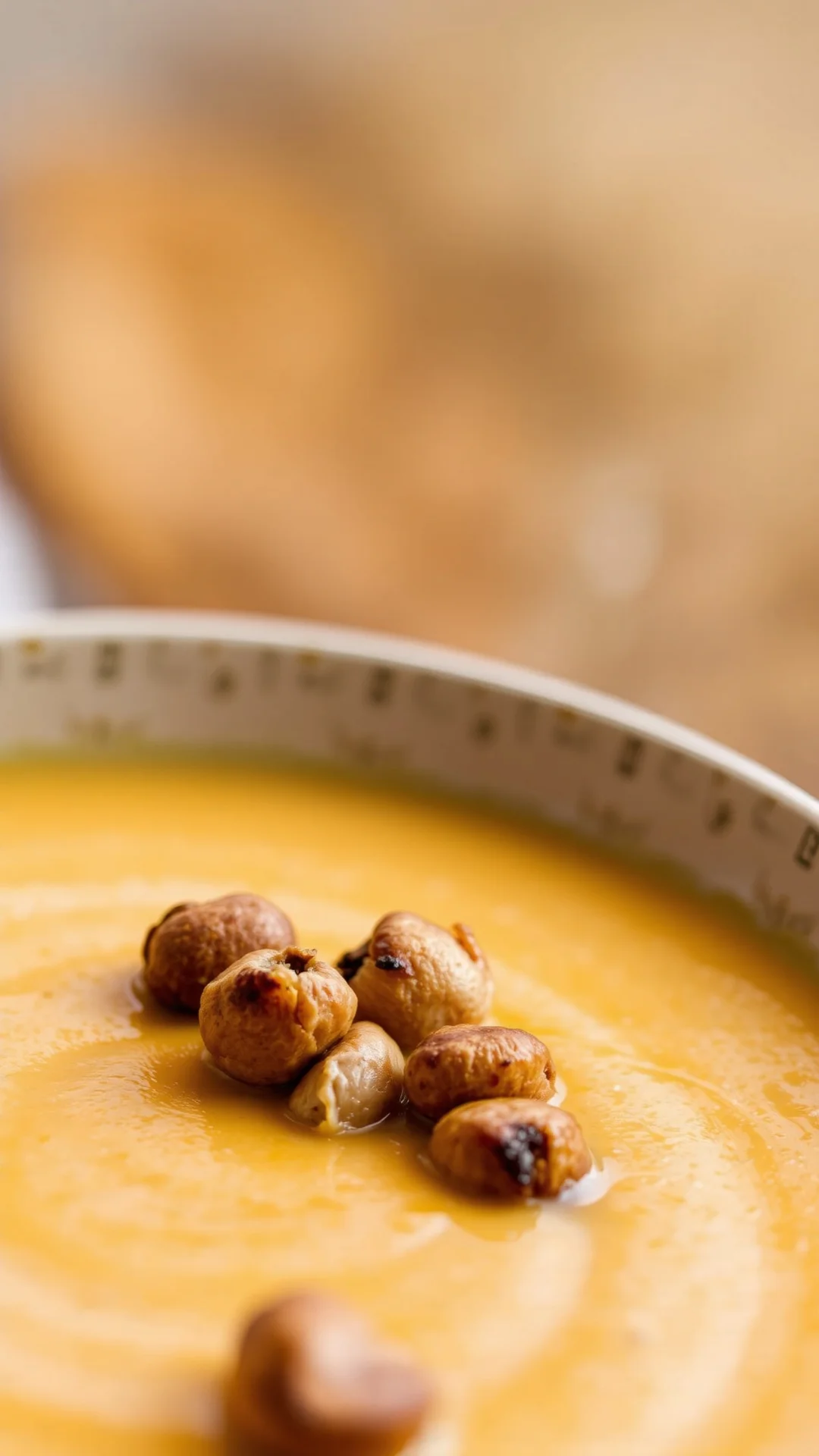 Close-up creamy butternut squash soup with roasted hazelnuts on top, warm autumn colors, cozy comfort food photography, profe