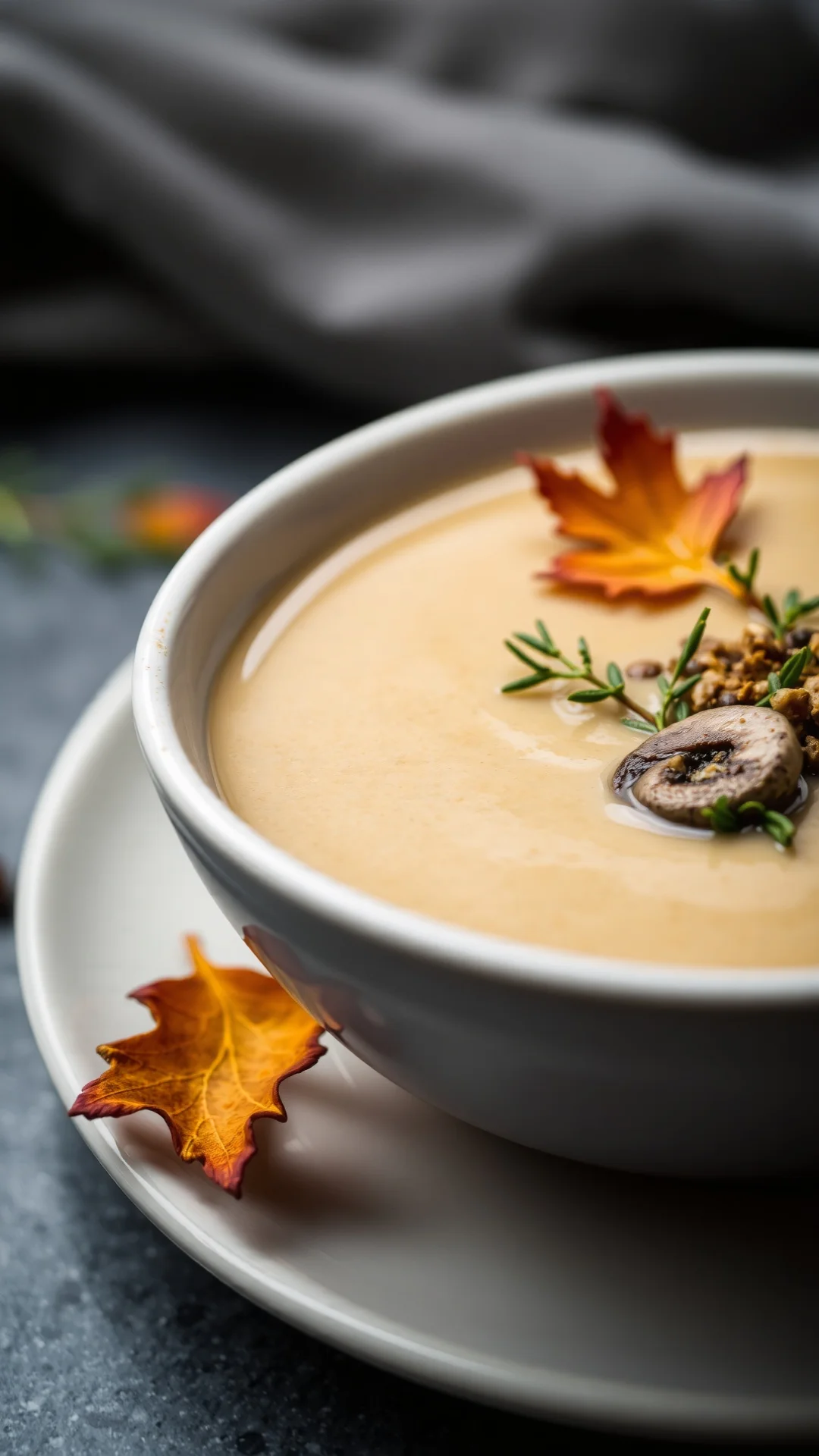 Close-up creamy chestnut mushroom soup in white bowl, autumn garnish, soft diffused lighting