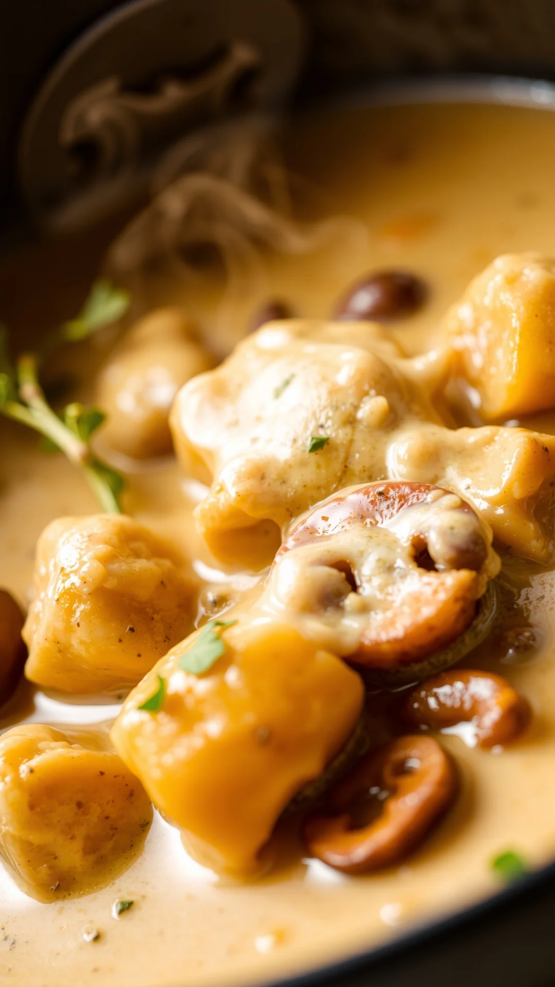 Close-up macro shot of creamy chicken stew with mushrooms and vegetables, rich sauce coating pieces, steam rising, natural da