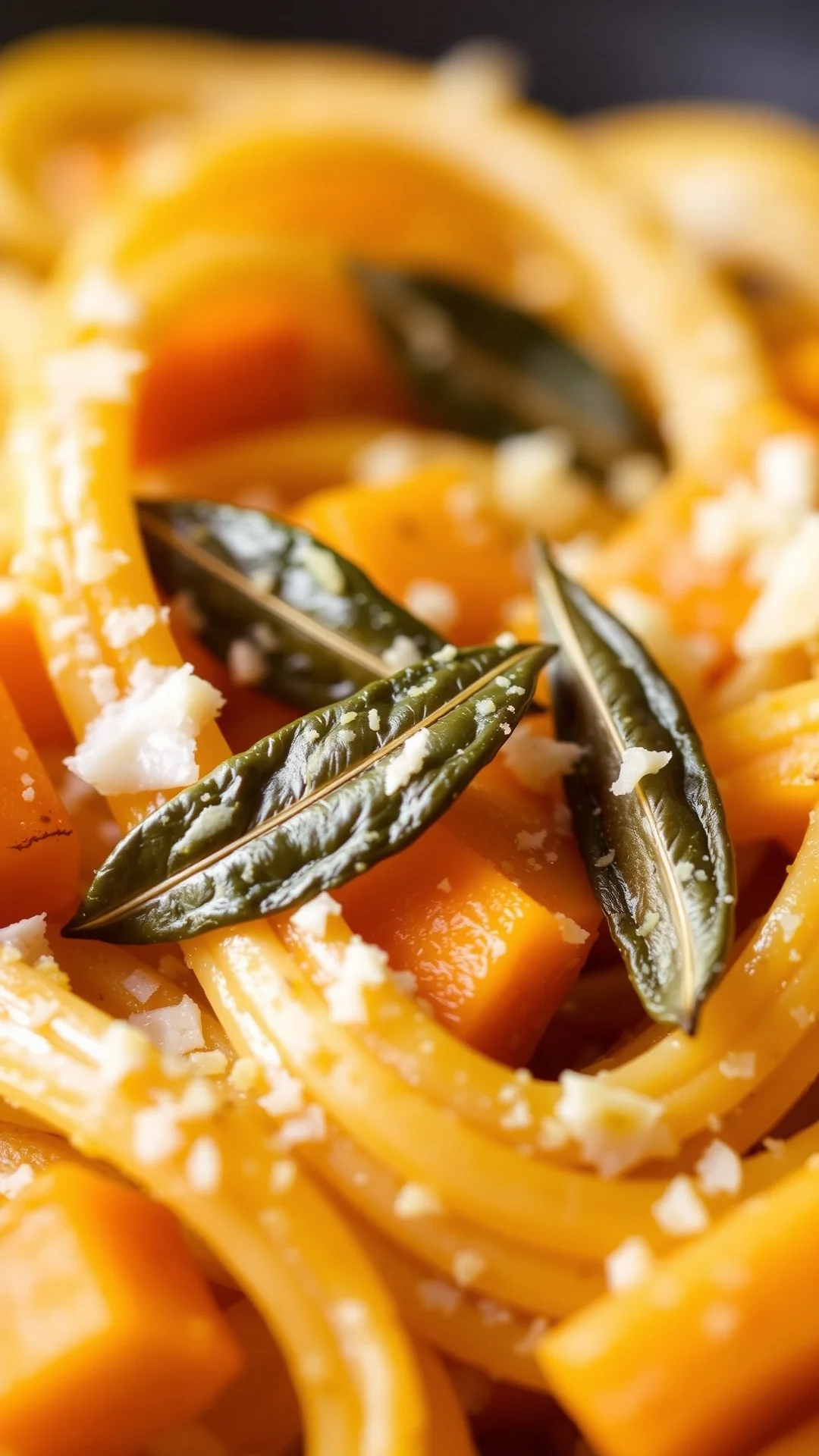 Close-up of butternut squash pasta with sage butter and parmesan, autumn comfort food photography, warm lighting