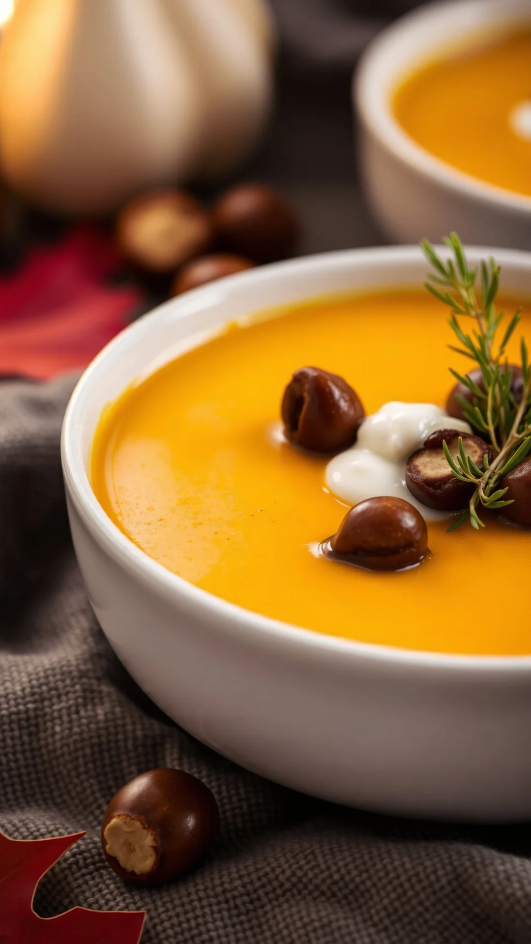 Close-up of creamy butternut squash and chestnut soup in white bowl, autumn colors, garnished with cream and roasted chestnut