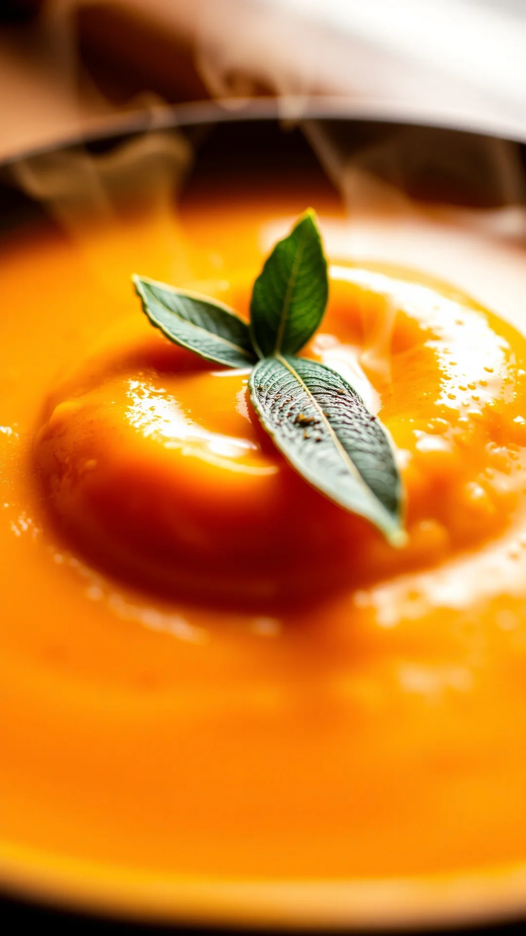 Close-up of creamy butternut squash soup garnished with sage leaf, steam rising, warm autumn lighting, shallow depth of field