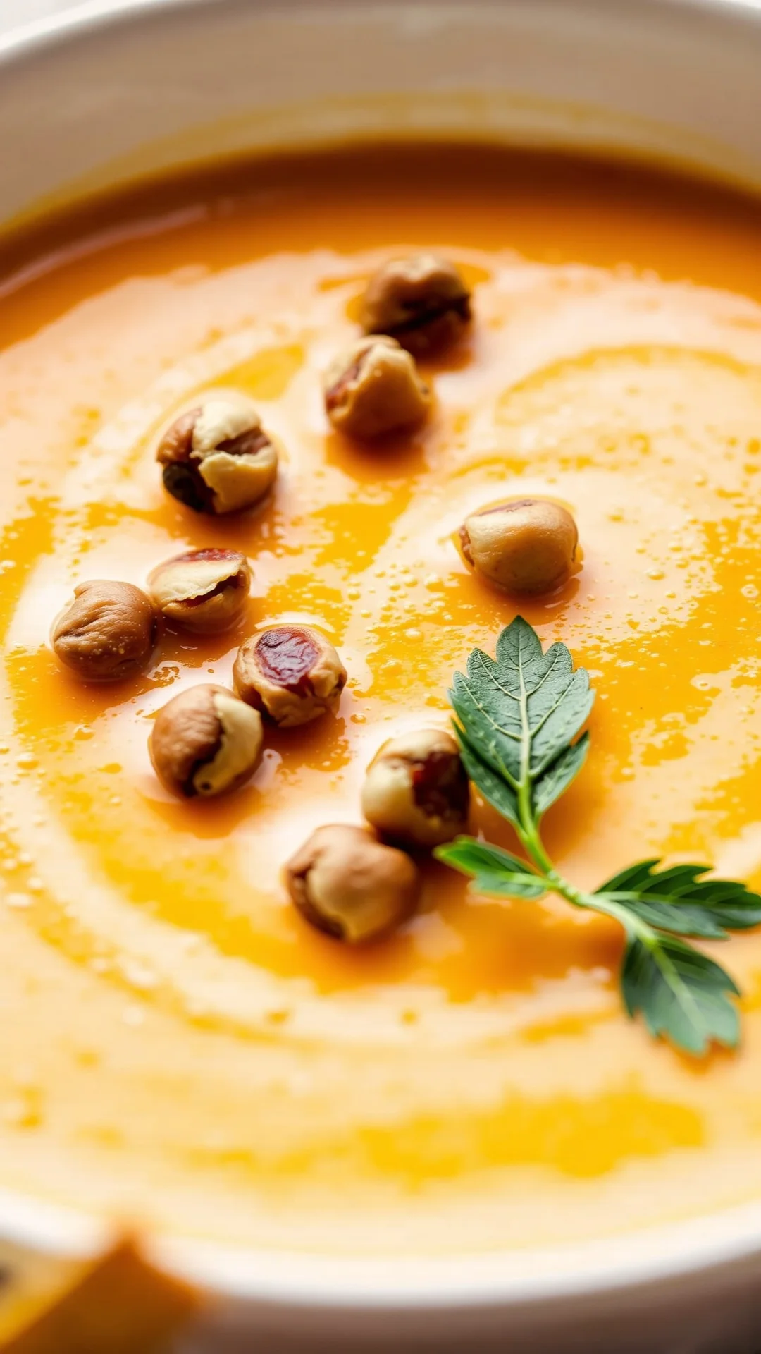 Close-up of creamy butternut squash soup in white bowl with toasted hazelnuts garnish, autumn lighting, food photography