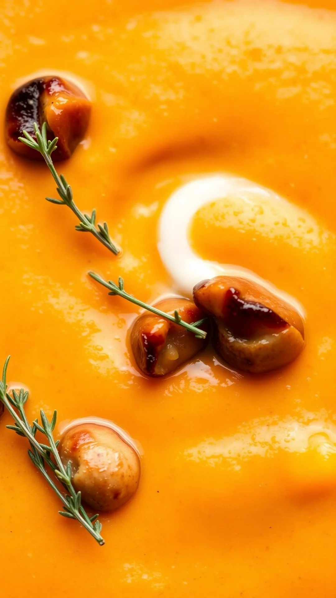 Close-up of creamy pumpkin soup with roasted chestnuts, overhead view, autumn colors, garnished with cream and thyme