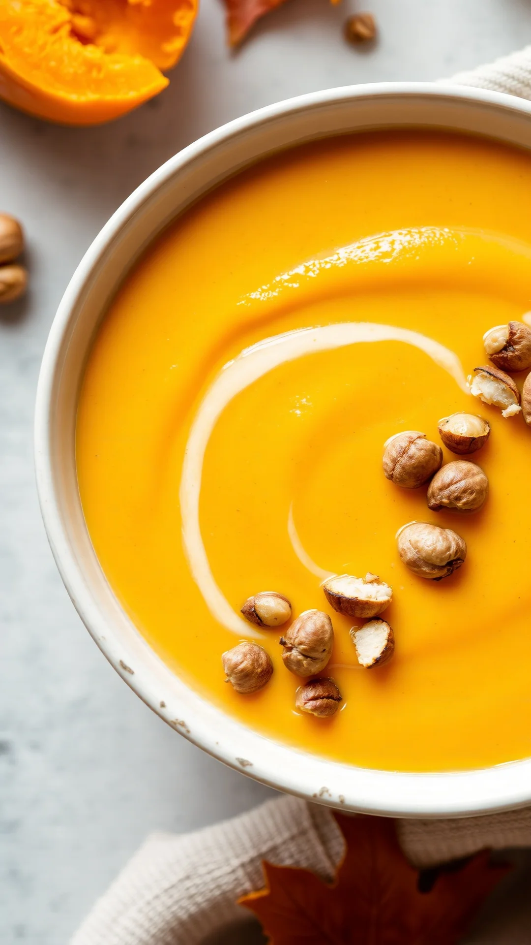 Close-up of creamy roasted butternut squash soup in a white bowl, garnished with toasted hazelnuts, autumn season, warm light