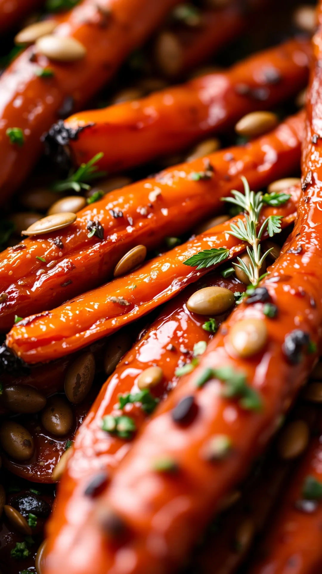 Close-up of glazed roasted carrots with caramelized edges, pumpkin seeds and fresh herbs, food styling detail shot, warm autu