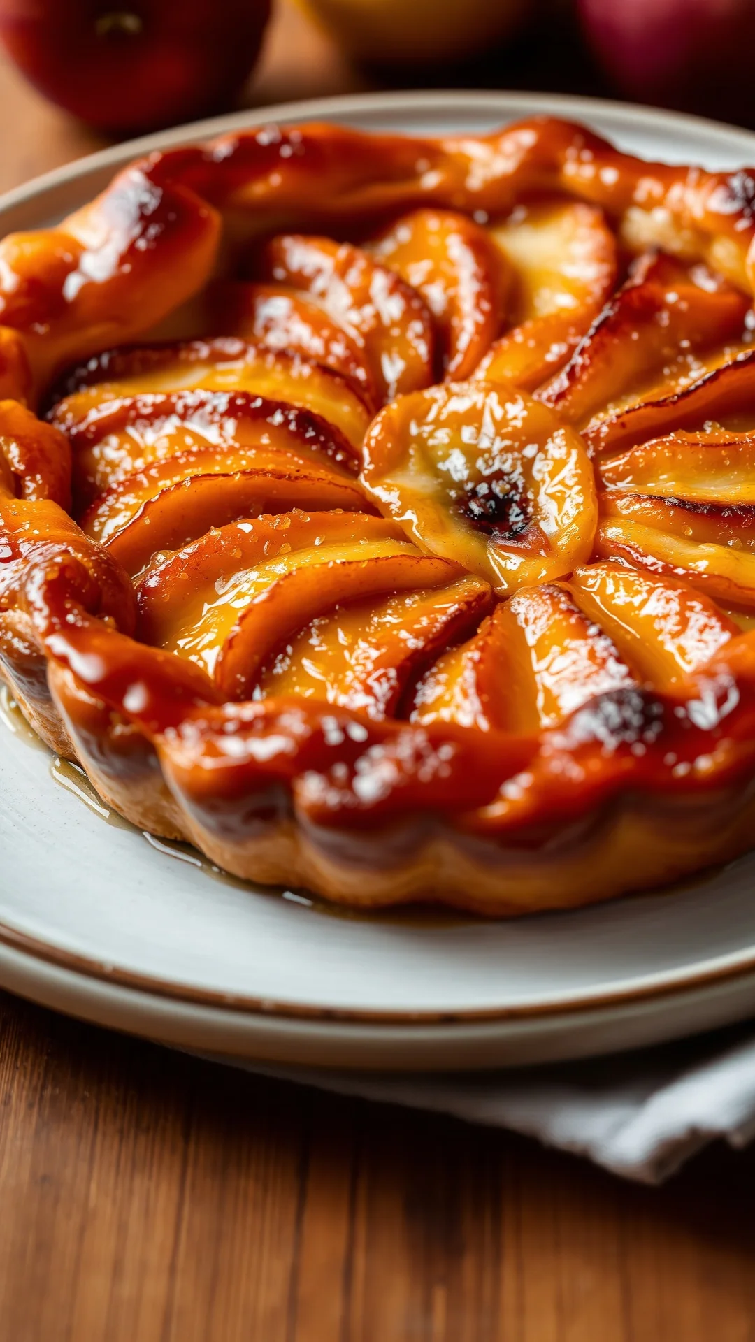 Close-up of golden tarte tatin with caramelized apples, flaky pastry, perfectly plated, studio lighting, autumn colors, profe