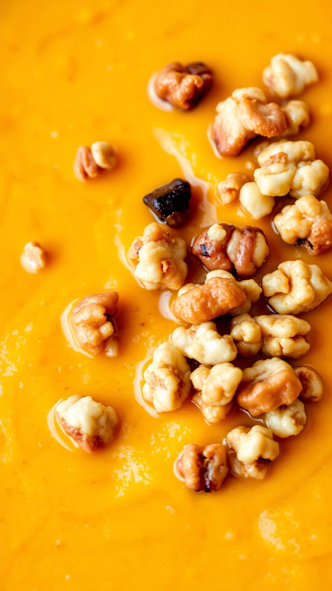 Close-up of vibrant butternut squash soup with turmeric, topped with crushed walnuts and olive oil drizzle, warm autumn color