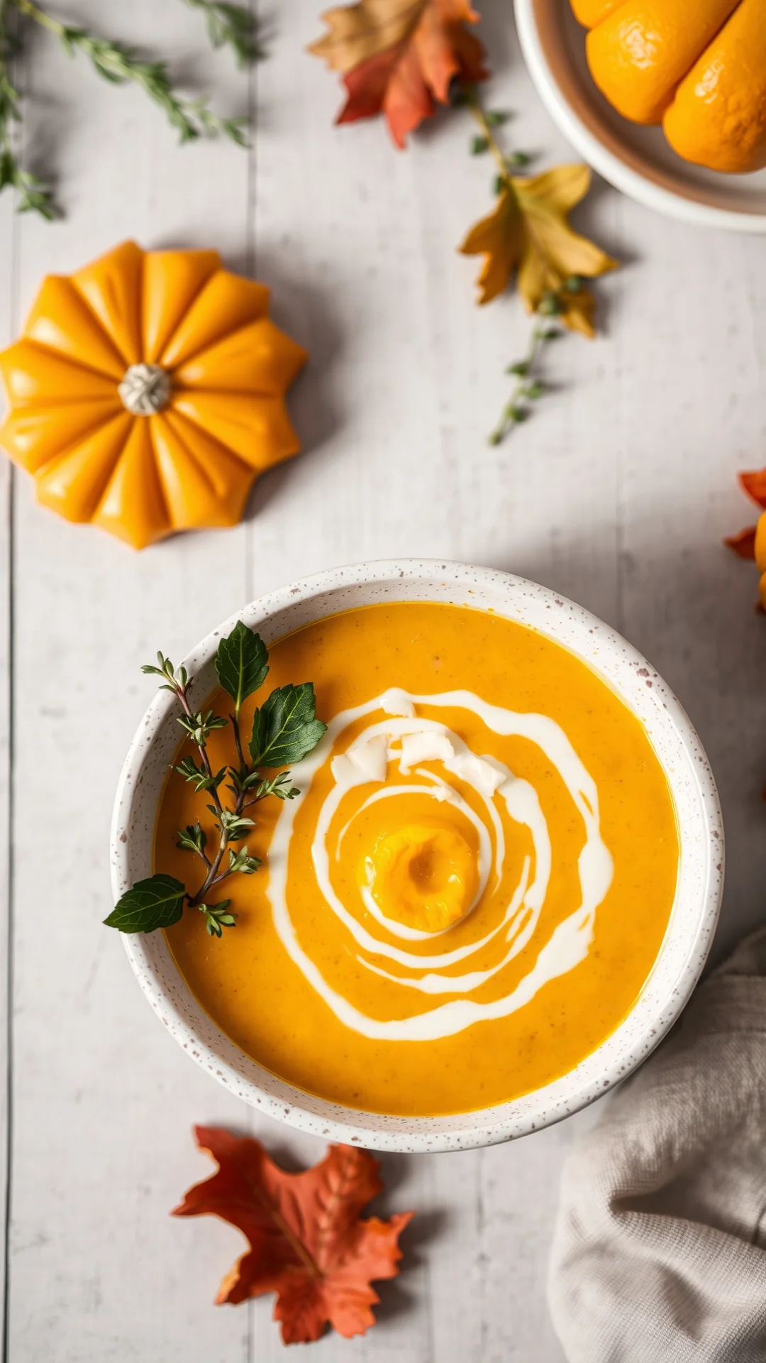 Close-up overhead shot creamy pumpkin soup with crema drizzle, parmesan shaving, fresh thyme leaf, autumn harvest aesthetic,