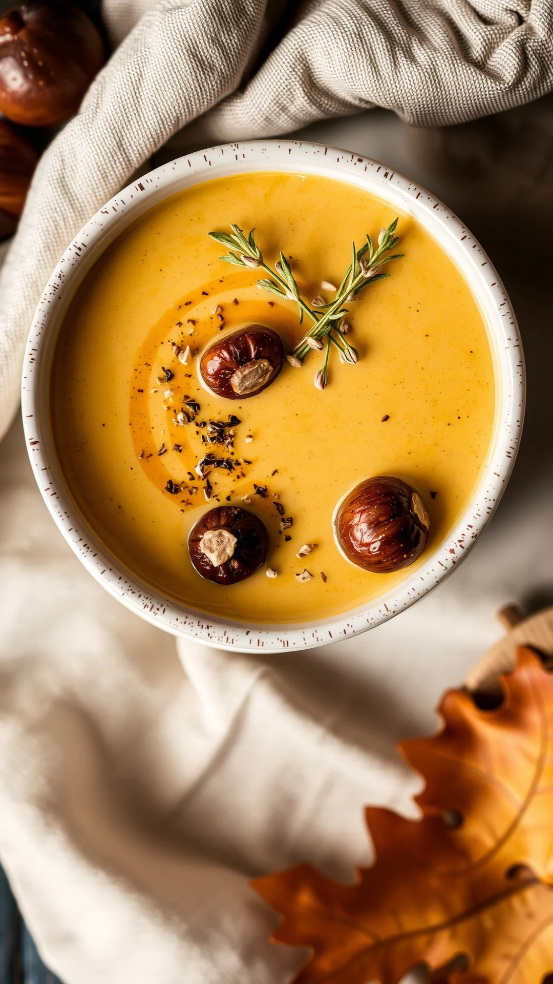 Close-up overhead shot of creamy potimarron soup with roasted chestnuts, garnished with chestnut and herb sprinkle, in white