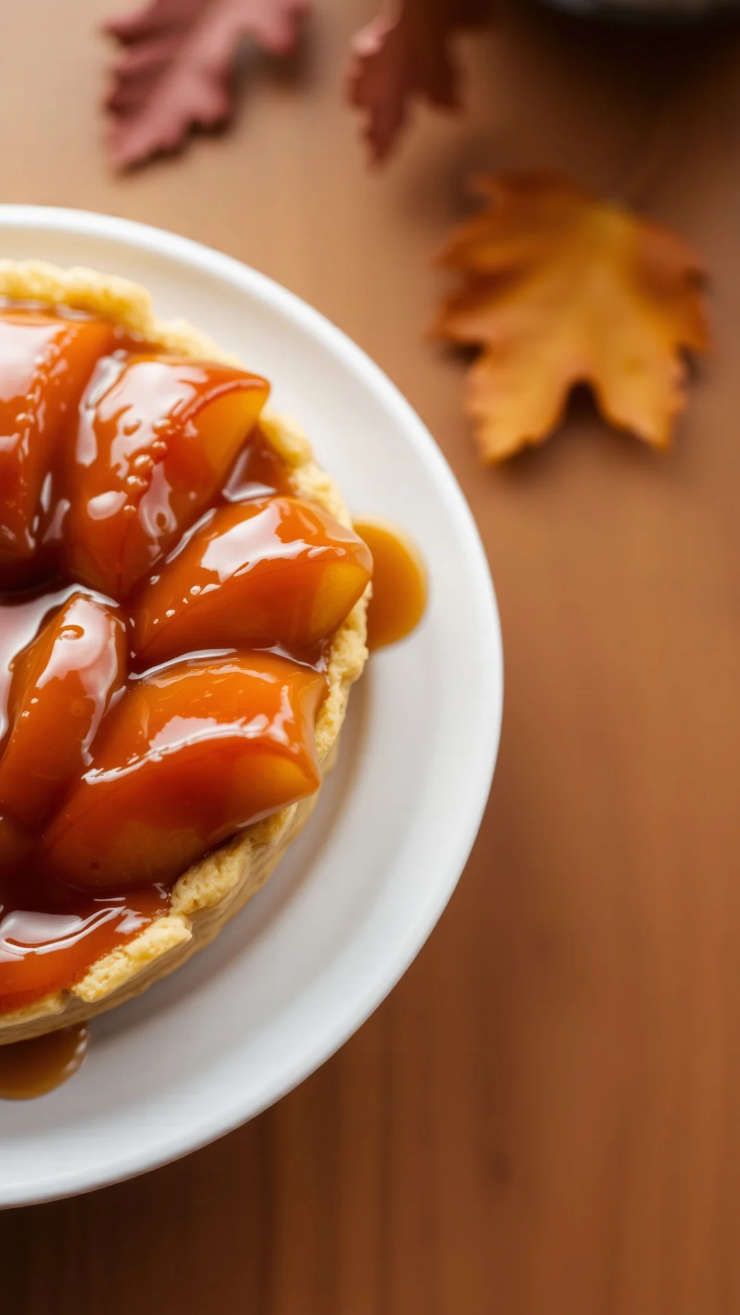 Close-up overhead view of golden caramelized apple tart with glossy caramel coating, served on white plate, autumn lighting,