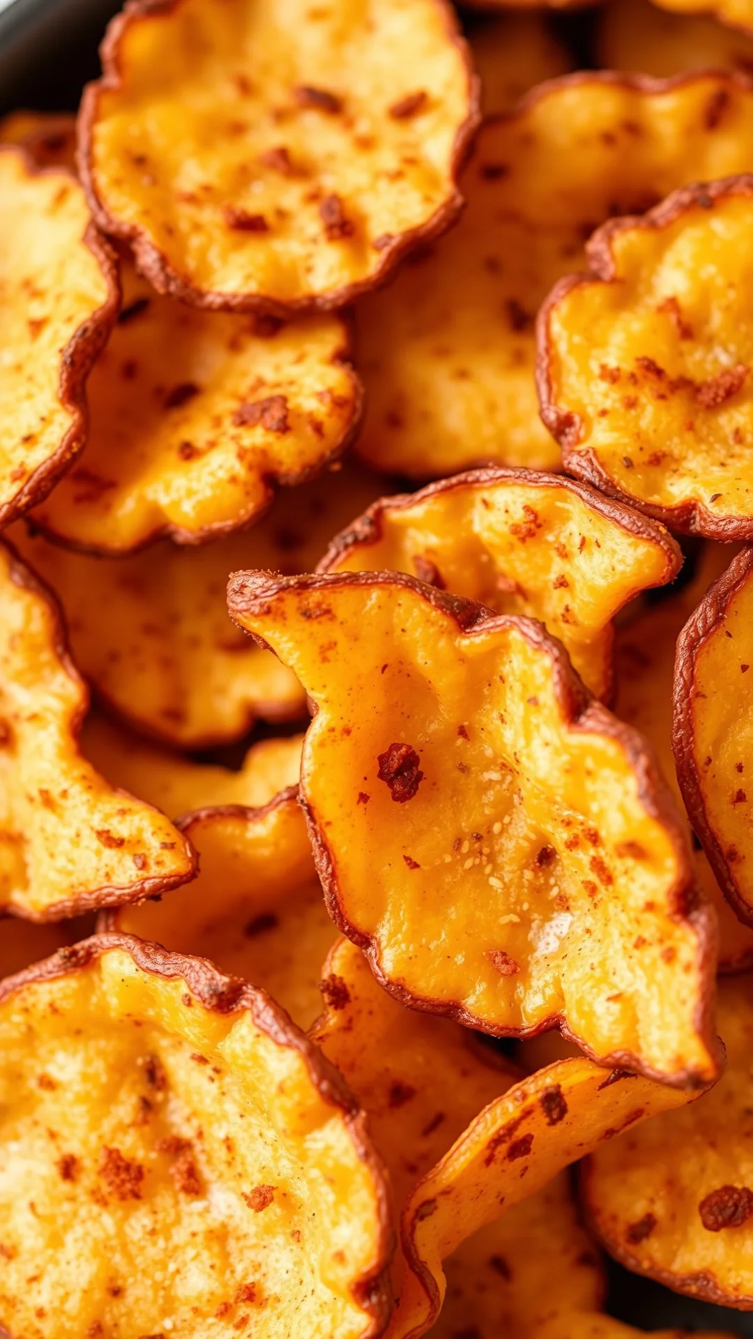 Close-up overhead view of golden crispy sweet potato chips with paprika and cinnamon spice coating, autumn food photography
