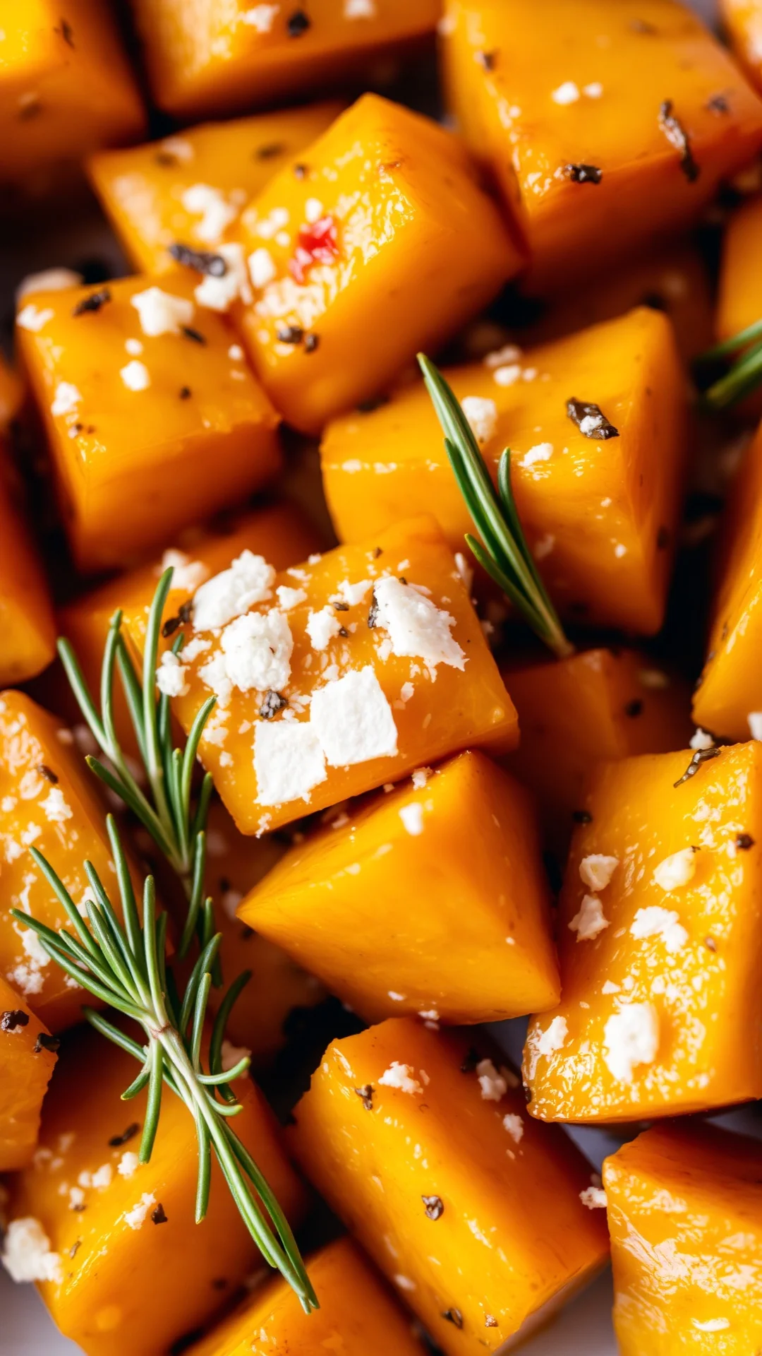 Close-up portrait of golden roasted pumpkin cubes with fresh herbs, rosemary, thyme, olive oil drizzle, parmesan cheese sprin