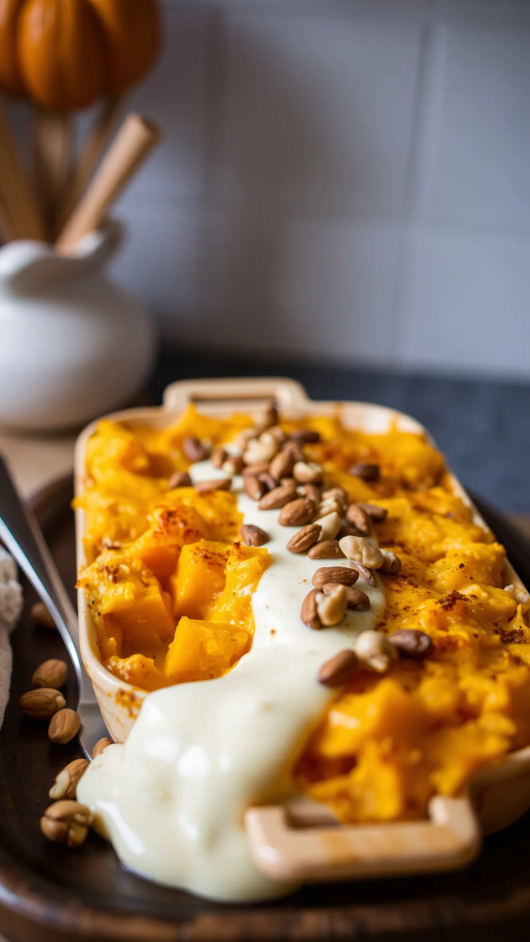 Creamy butternut squash gratin with white cheese sauce and toasted hazelnuts, baked golden top, warm platter, cozy autumn kit