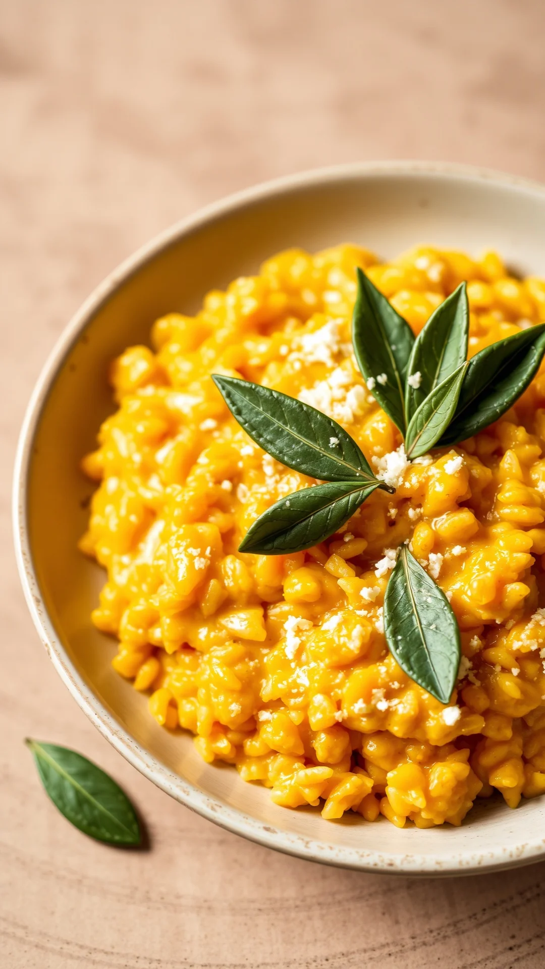 Creamy butternut squash risotto with sage leaves, golden Arborio rice, parmesan, elegant plating, warm autumn colors, gourmet