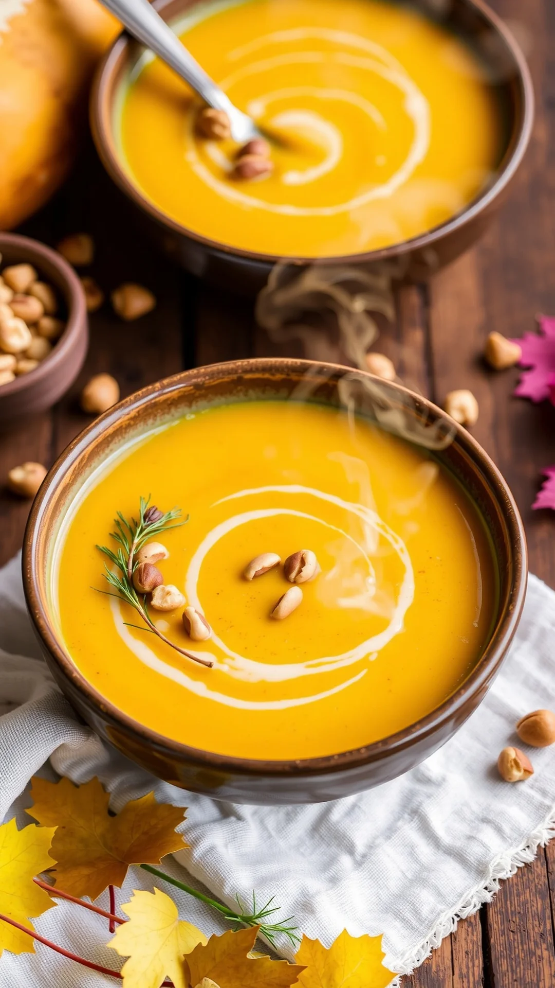 Creamy butternut squash soup in a bowl with toasted hazelnuts garnish, steam rising, rustic wooden table, autumn aesthetic