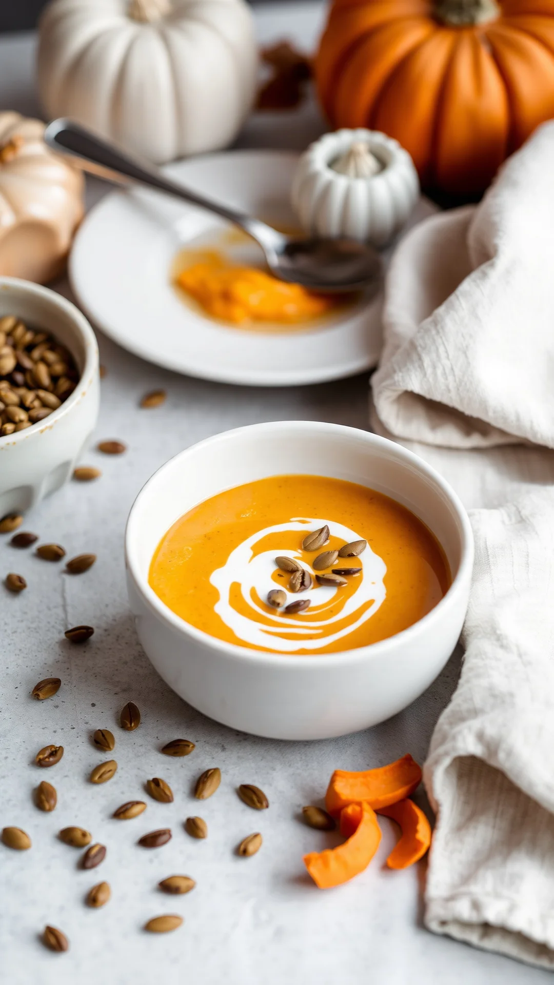 Creamy butternut squash soup in white bowl, roasted pumpkin seeds scattered, drizzle of cream, autumn table setting, soft nat