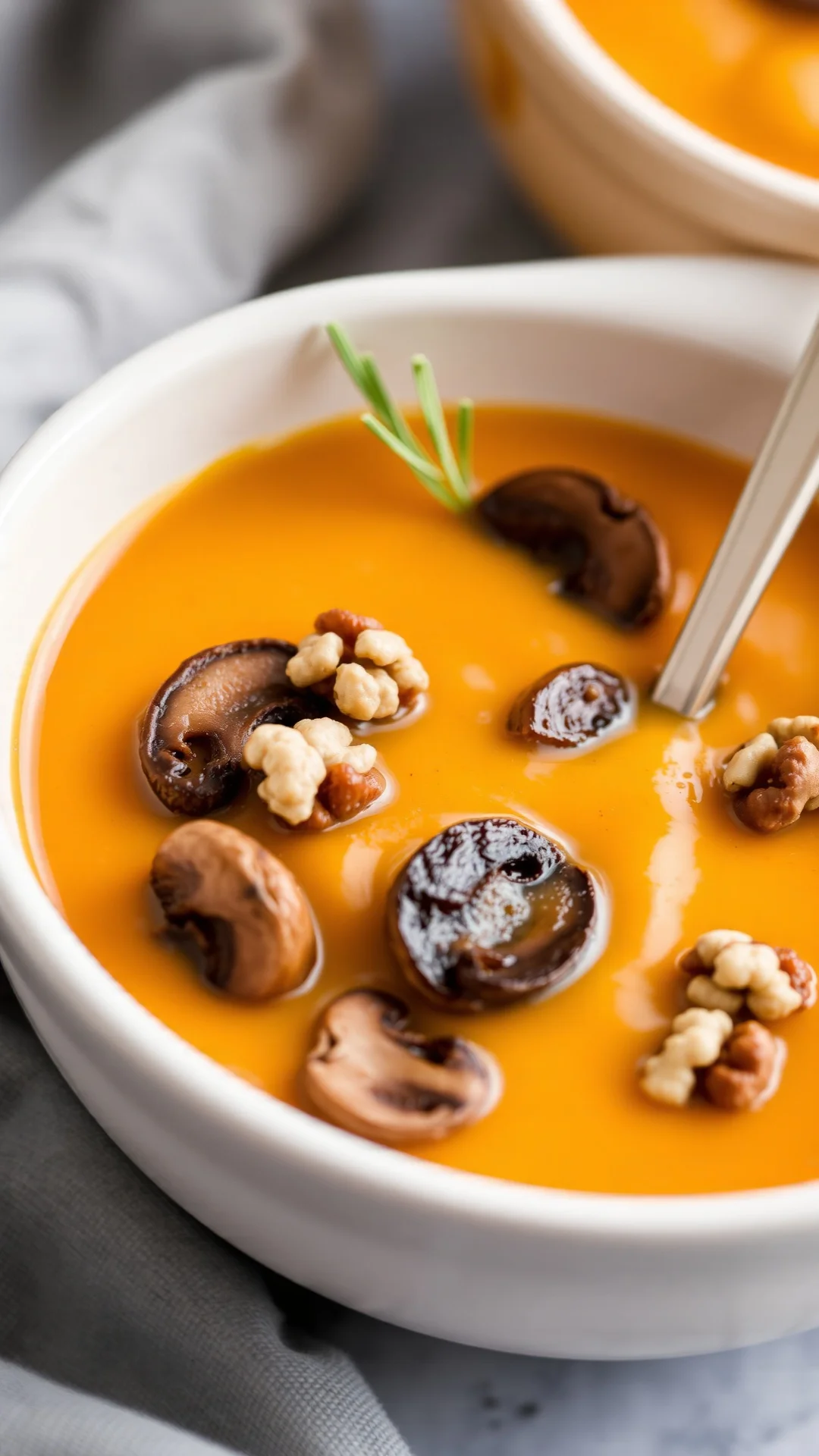 Creamy butternut squash soup with roasted mushrooms in white bowl, close-up, autumn comfort food, garnished with toasted waln