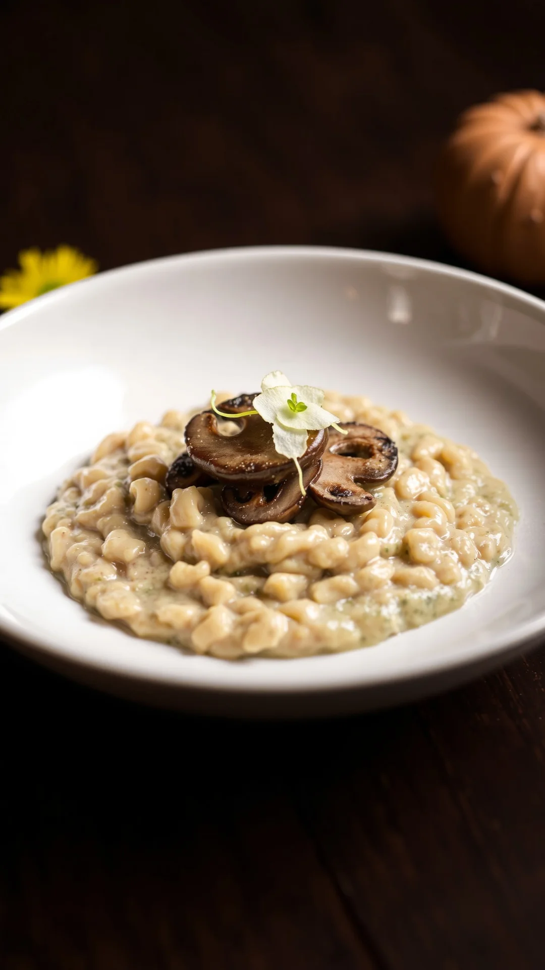Creamy forest mushroom risotto, edible gold leaf, parmesan shavings, white bowl, fine dining presentation, warm autumn lighti