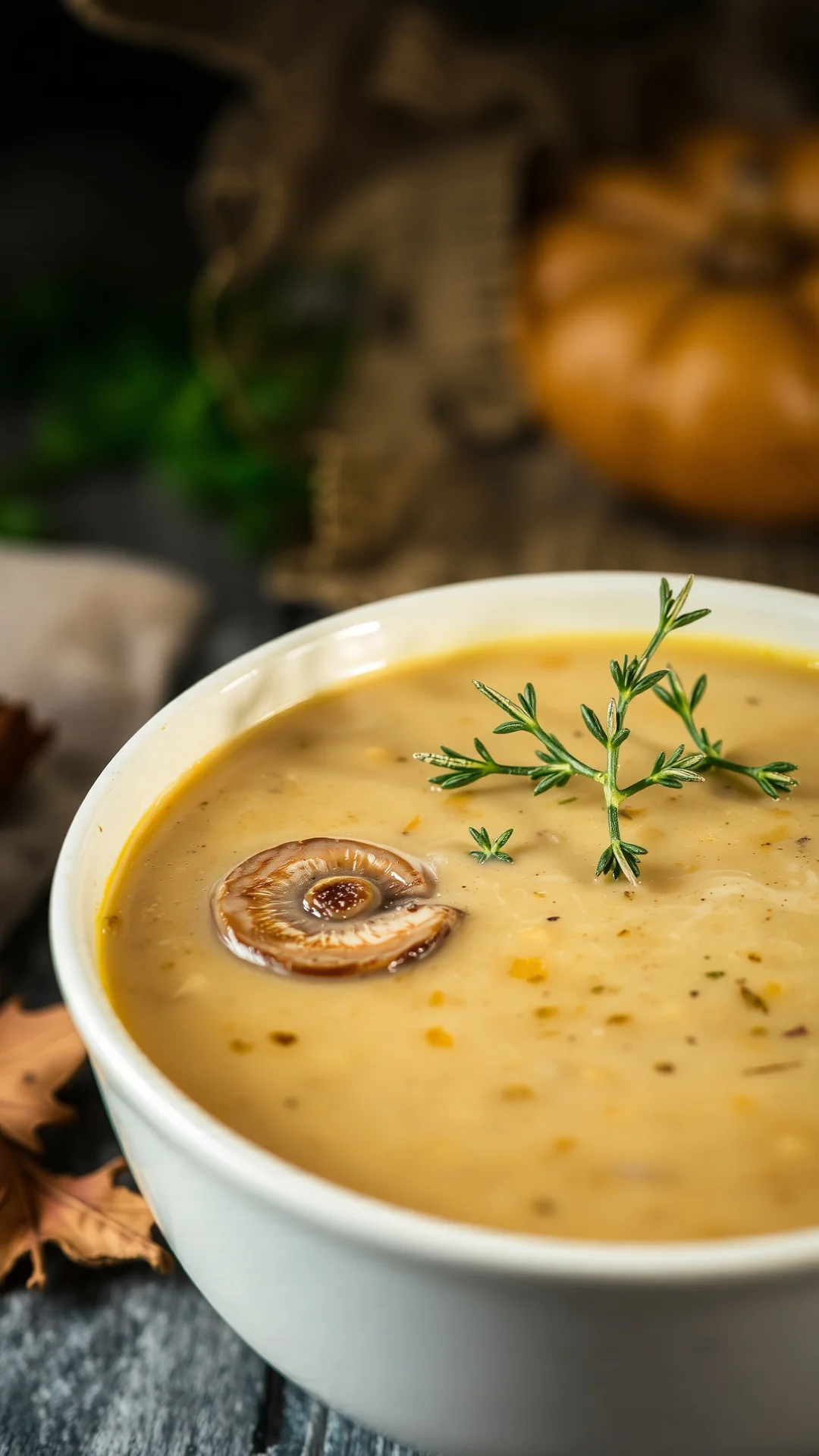 Creamy mushroom soup with fresh thyme in white bowl, artisanal, warm lighting, steam rising, autumn mood, gourmet presentatio