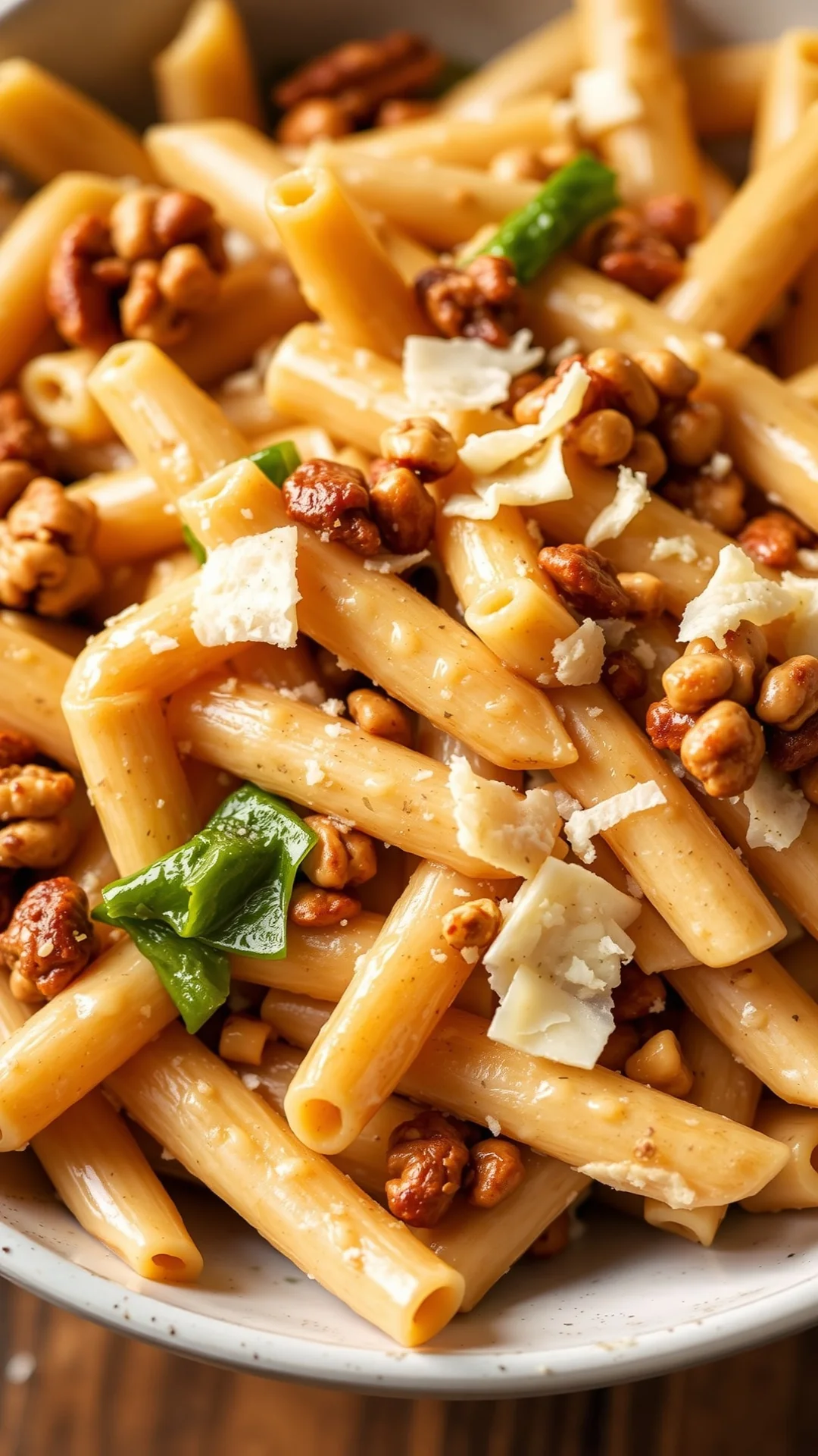 Creamy pasta with leeks and walnuts, whole wheat penne, parmesan shavings, warm golden light, Italian fall comfort food, clos