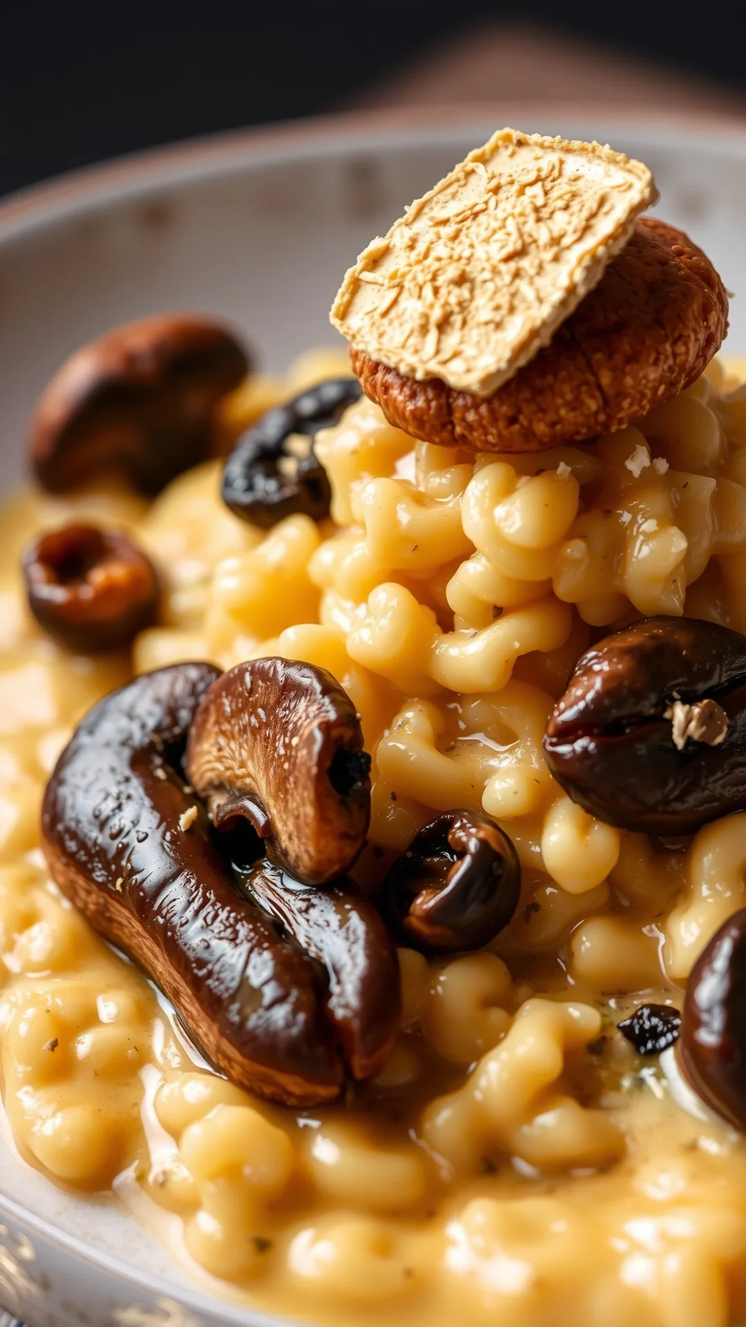 Creamy risotto with wild mushrooms, porcini and boletus, vibrant fall tones, truffle shaving on top, luxury Italian cuisine,