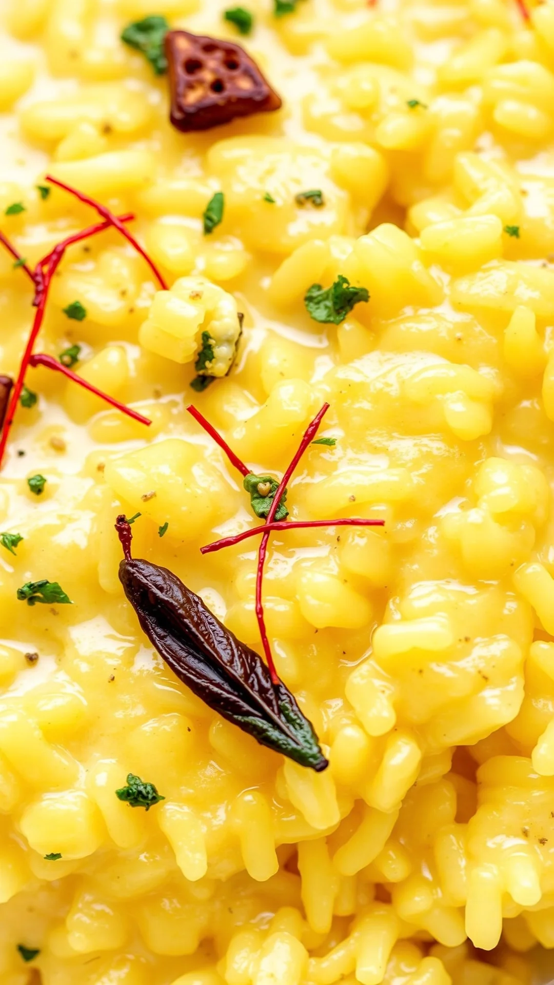 Creamy saffron risotto with leeks, golden rice with saffron threads, fresh herbs, autumn luxurious vegetarian dish close-up
