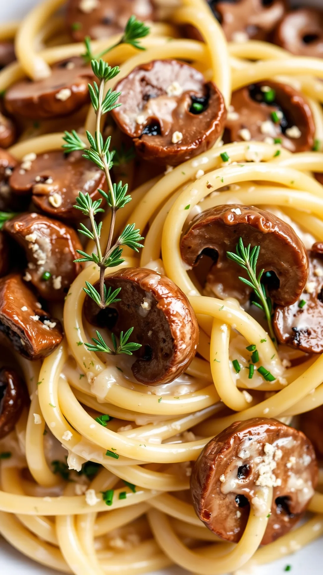Creamy wild mushroom pasta with fresh thyme garnish, rustic Italian cooking, food styling close-up shot