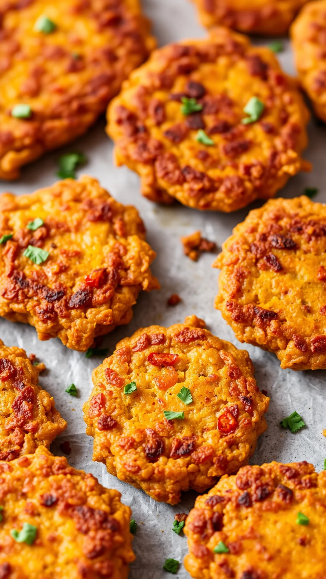 Crispy pumpkin lentil fritters, golden brown galettes, close-up shot with paprika and cumin spices, autumn vegetarian appetiz